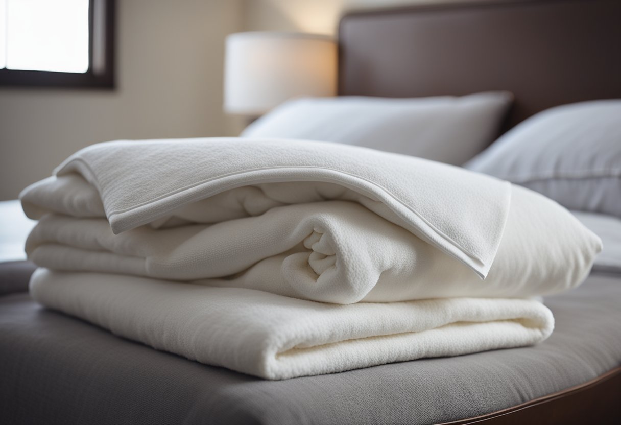 A neatly made bed with freshly washed linens and a cozy throw blanket draped over the foot. A stack of folded towels and a few decorative pillows add a touch of comfort to the room