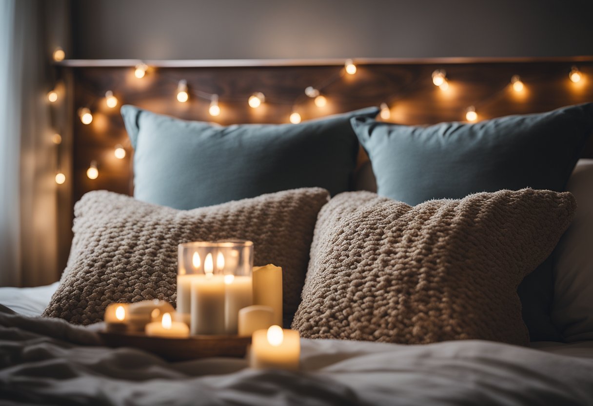 Soft, warm lighting from string lights and candles creates a cozy ambiance in a clutter-free bedroom with new throw pillows and a fresh coat of paint