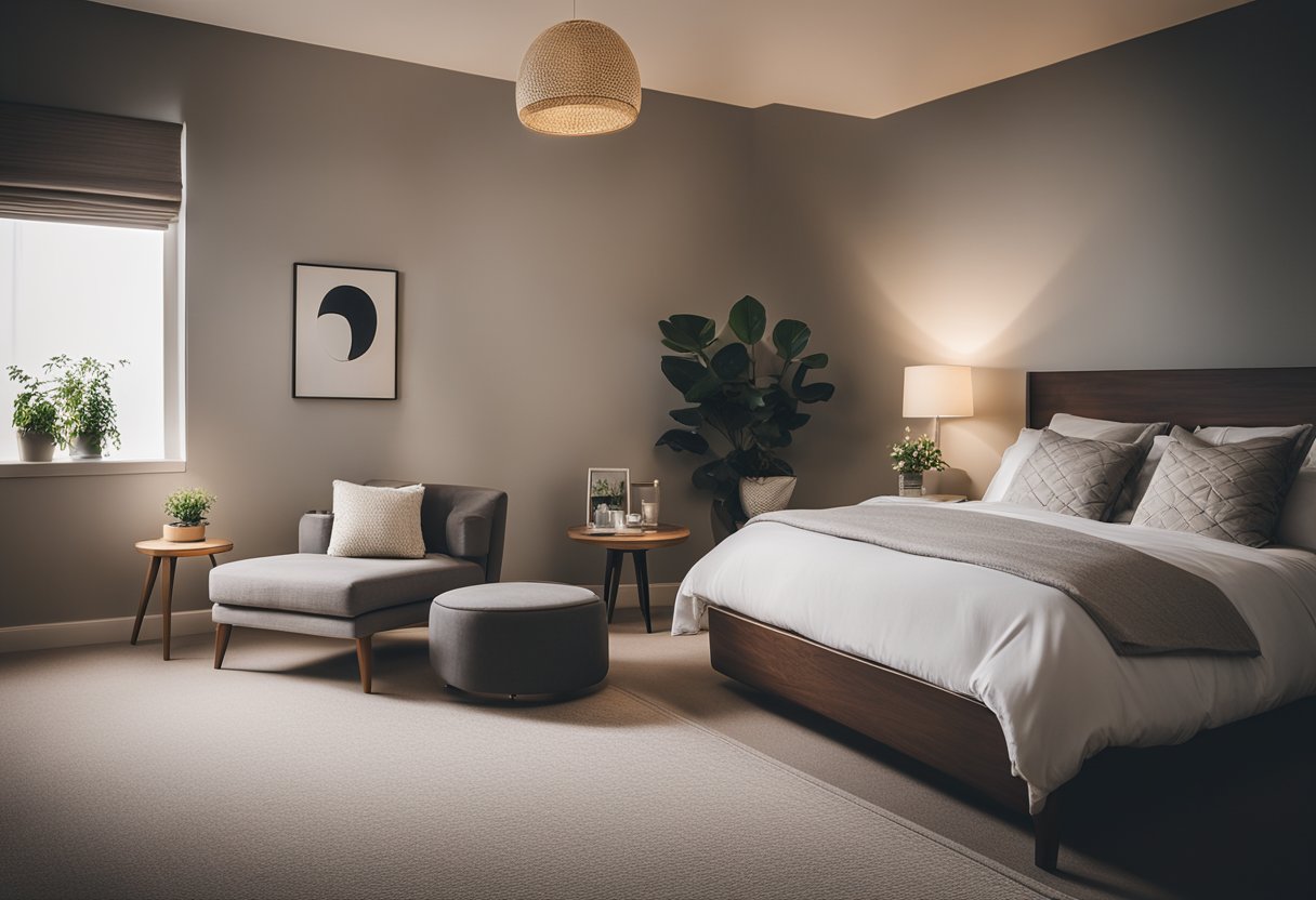 A cozy bedroom with a neatly arranged bed, a small nightstand, and a comfortable chair. Soft lighting and a few decorative accents create a tranquil atmosphere
