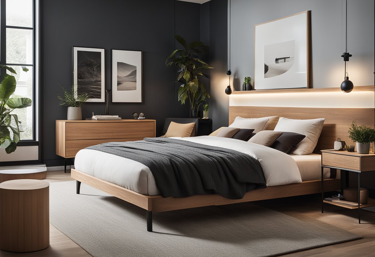 A modern bedroom with minimalist furniture, natural textures, and a pop of color. Smart lighting and sustainable materials create a cozy, eco-friendly atmosphere