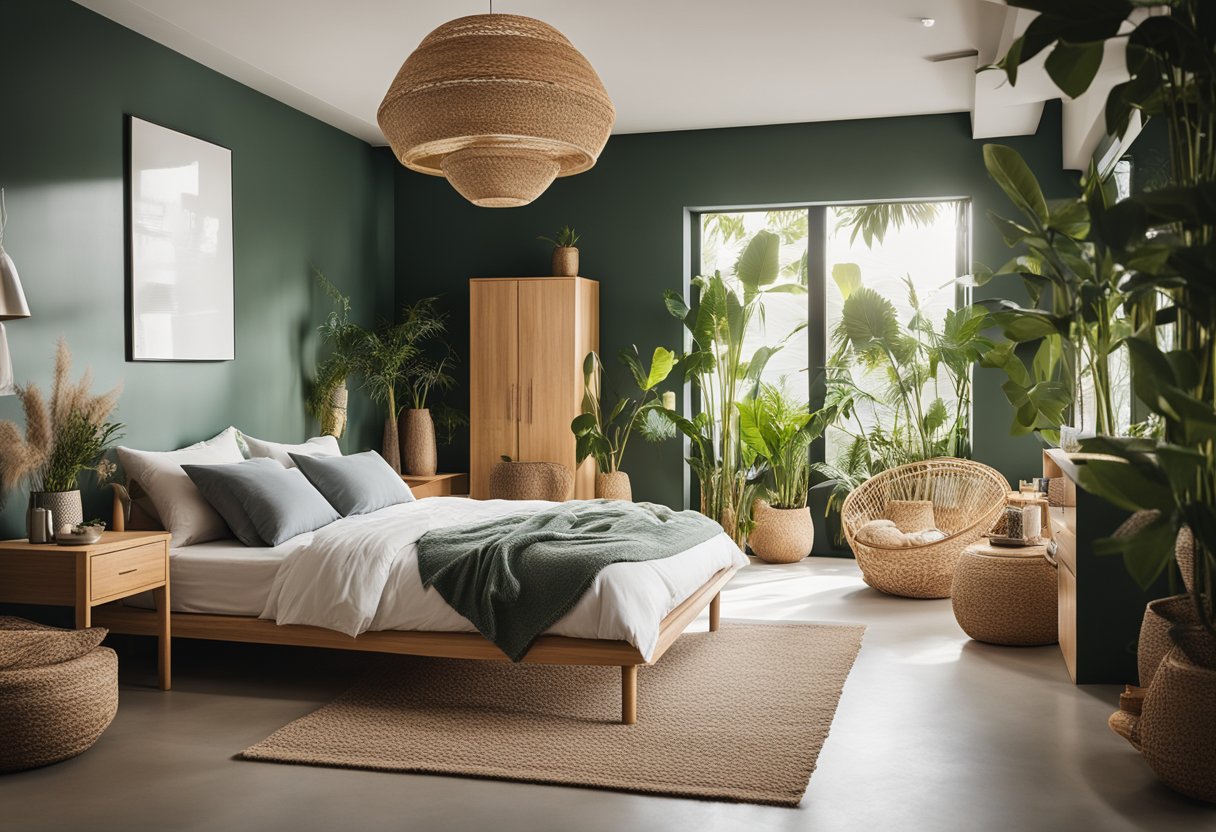 A bedroom adorned with sustainable materials like bamboo furniture, recycled textiles, and eco-friendly paint. A plant-filled space with natural light and minimalistic decor