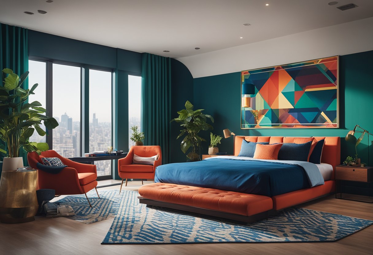 Vibrant colors adorn a modern bedroom: bold blues, fiery reds, and lush greens. Sleek furniture and geometric patterns complete the trendy decor
