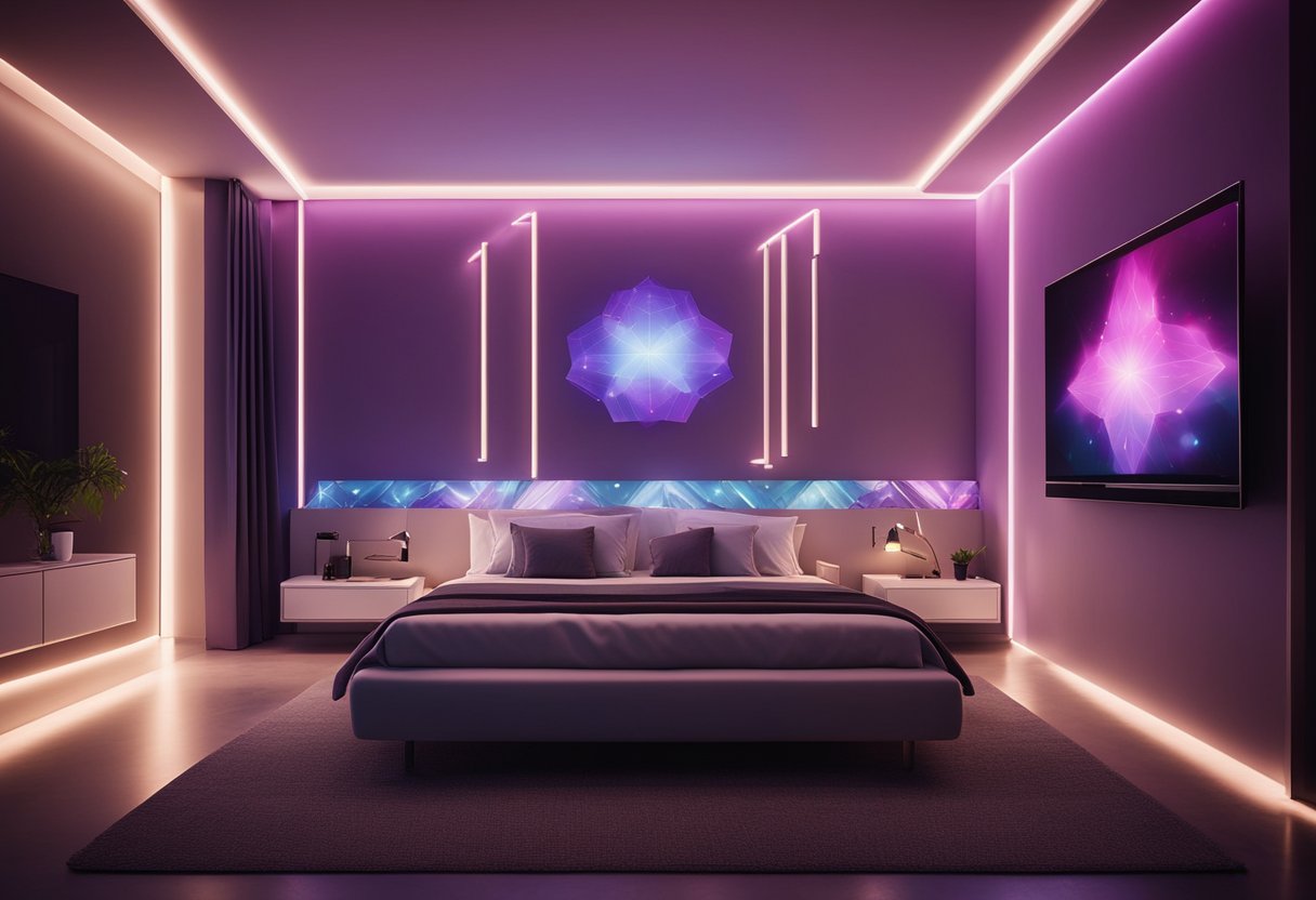 A modern bedroom with smart lighting features, holographic projections, and geometric wall designs. Futuristic furniture and ambient color schemes create a sleek and innovative atmosphere