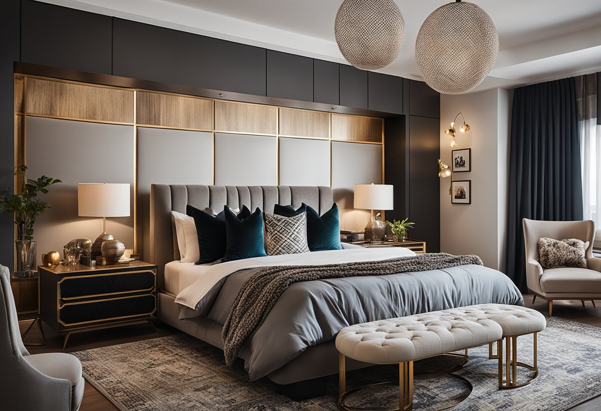 A cozy bedroom with a mix of plush velvet, rustic wood, and sleek metallic accents. Bold patterns and rich textures create a modern and luxurious atmosphere