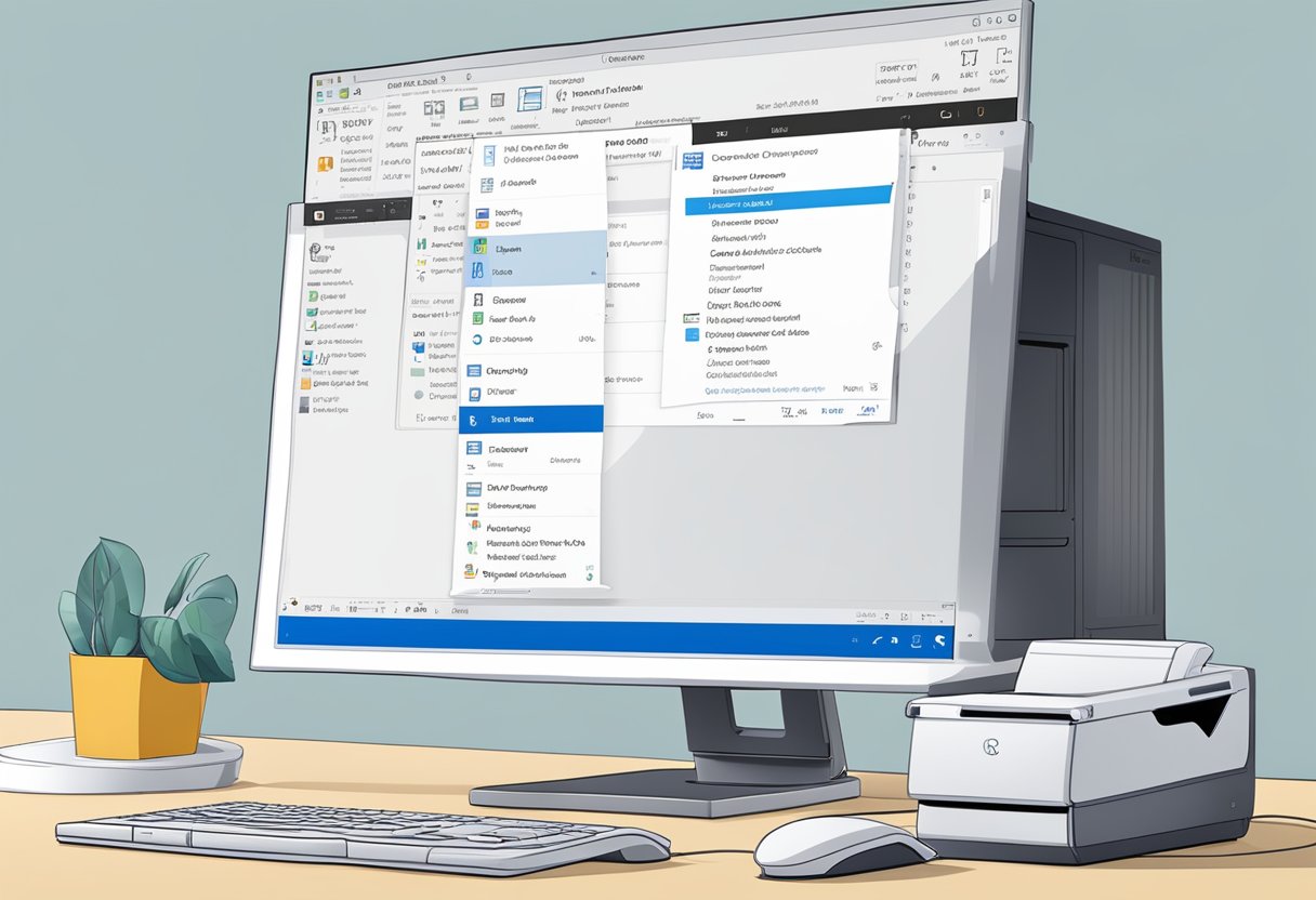 A computer screen displaying an email in Outlook, with a printer connected and ready to print. The email is open and selected, with the print option visible on the screen