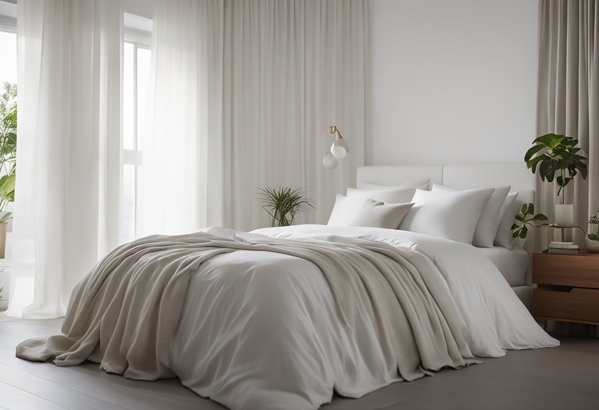 A white bedroom with minimal furniture, soft bedding, and natural light streaming in through sheer curtains, creating a serene and tranquil space