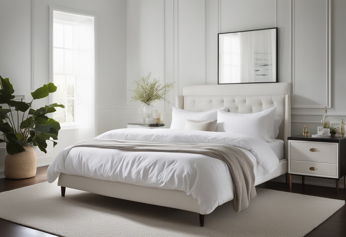 A white bed with crisp linens, a sleek white dresser, and a plush white rug create a serene and tranquil atmosphere in the bedroom