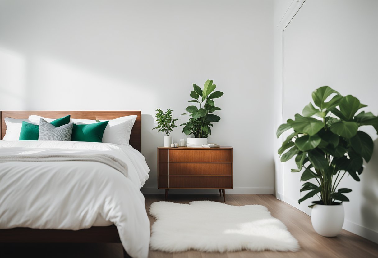 A white bedroom with accent elements such as a fluffy white rug, a sleek white dresser, and a pop of color with a vibrant green plant