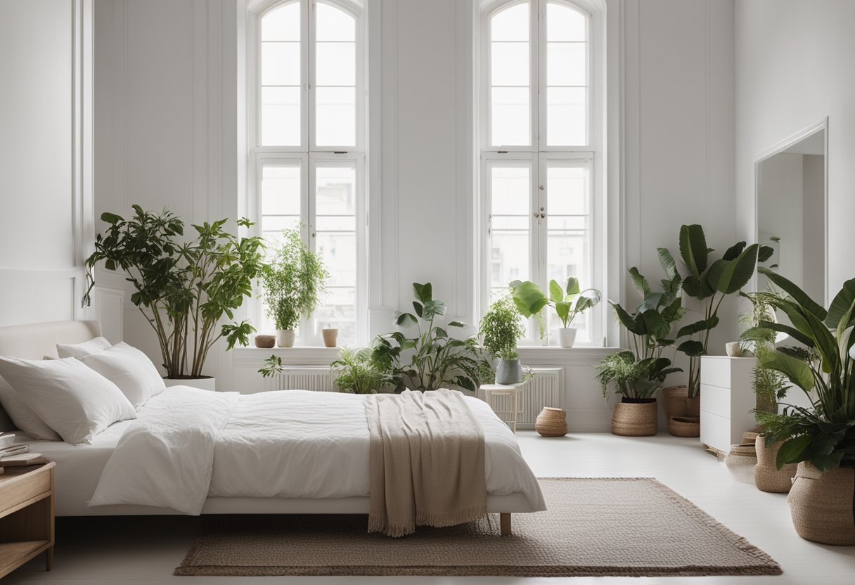 A white bedroom with minimal furniture, soft lighting, and plants for a serene space