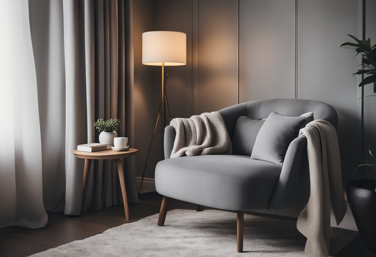 A serene bedroom with gray tones, soft textures, and minimal decor. A cozy reading nook with a plush chair and warm lighting. Subtle pops of color for a calming atmosphere