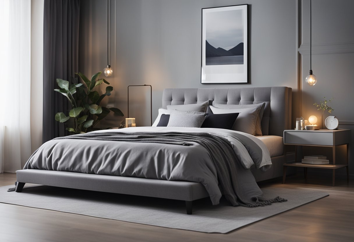 A cozy gray bedroom with a plush bed, soft lighting, and minimalistic furniture arranged for a serene and relaxing atmosphere