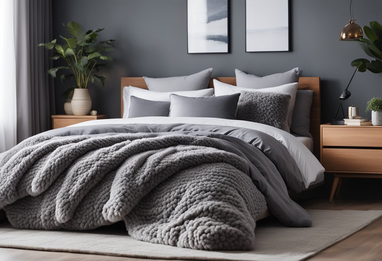 A cozy gray bedroom with plush bedding, soft throw pillows, and textured curtains. A fluffy rug adds warmth to the hardwood floor, creating a relaxing retreat