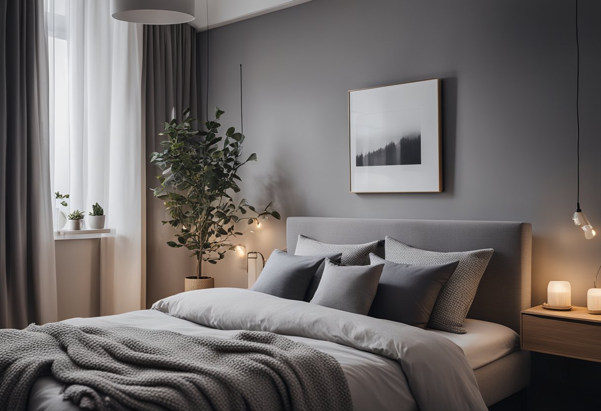 A cozy gray bedroom with soft, warm lighting and minimalistic accessories for a serene and relaxing retreat