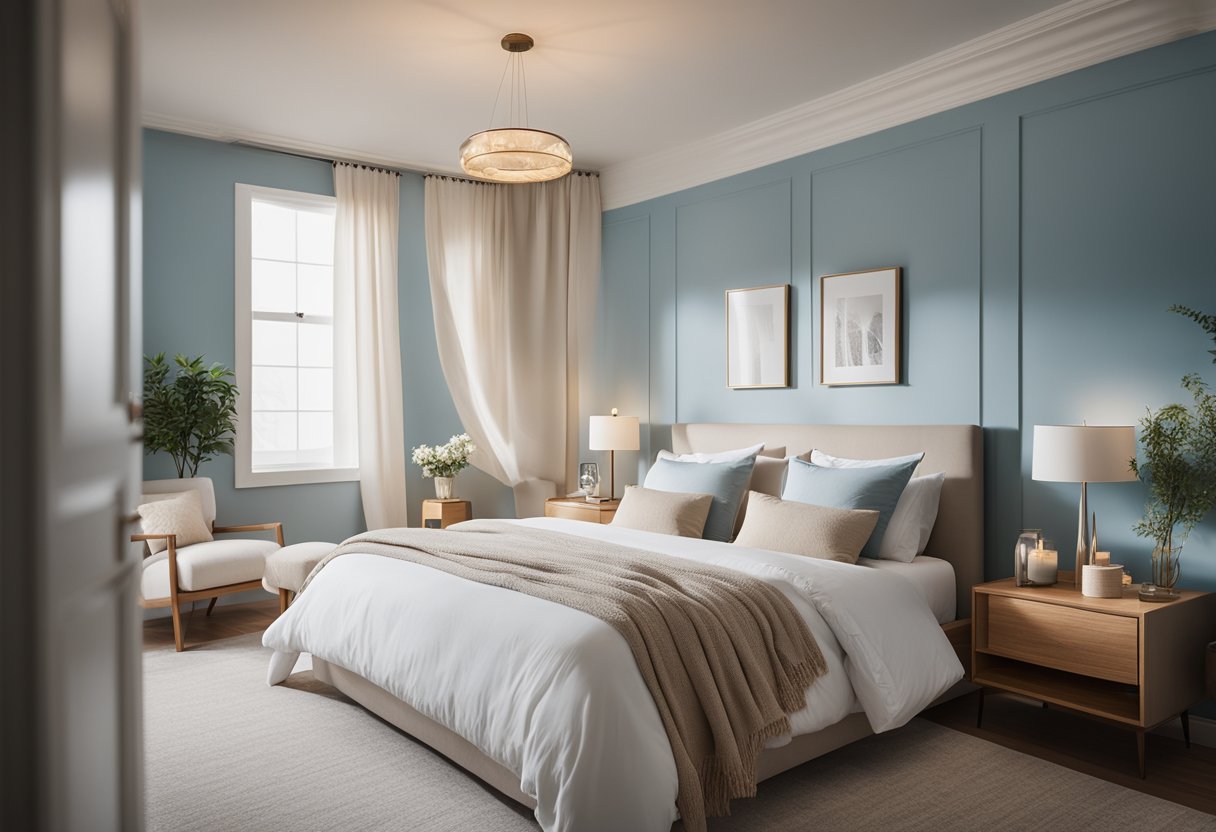 A serene bedroom with soft blue walls, warm beige accents, and gentle lighting to promote relaxation and peaceful sleep