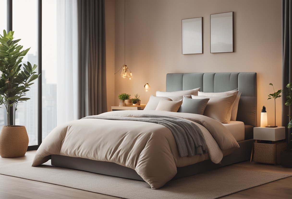 A serene bedroom with soft, soothing colors on the walls. A cozy bed with plush pillows and a warm, inviting atmosphere