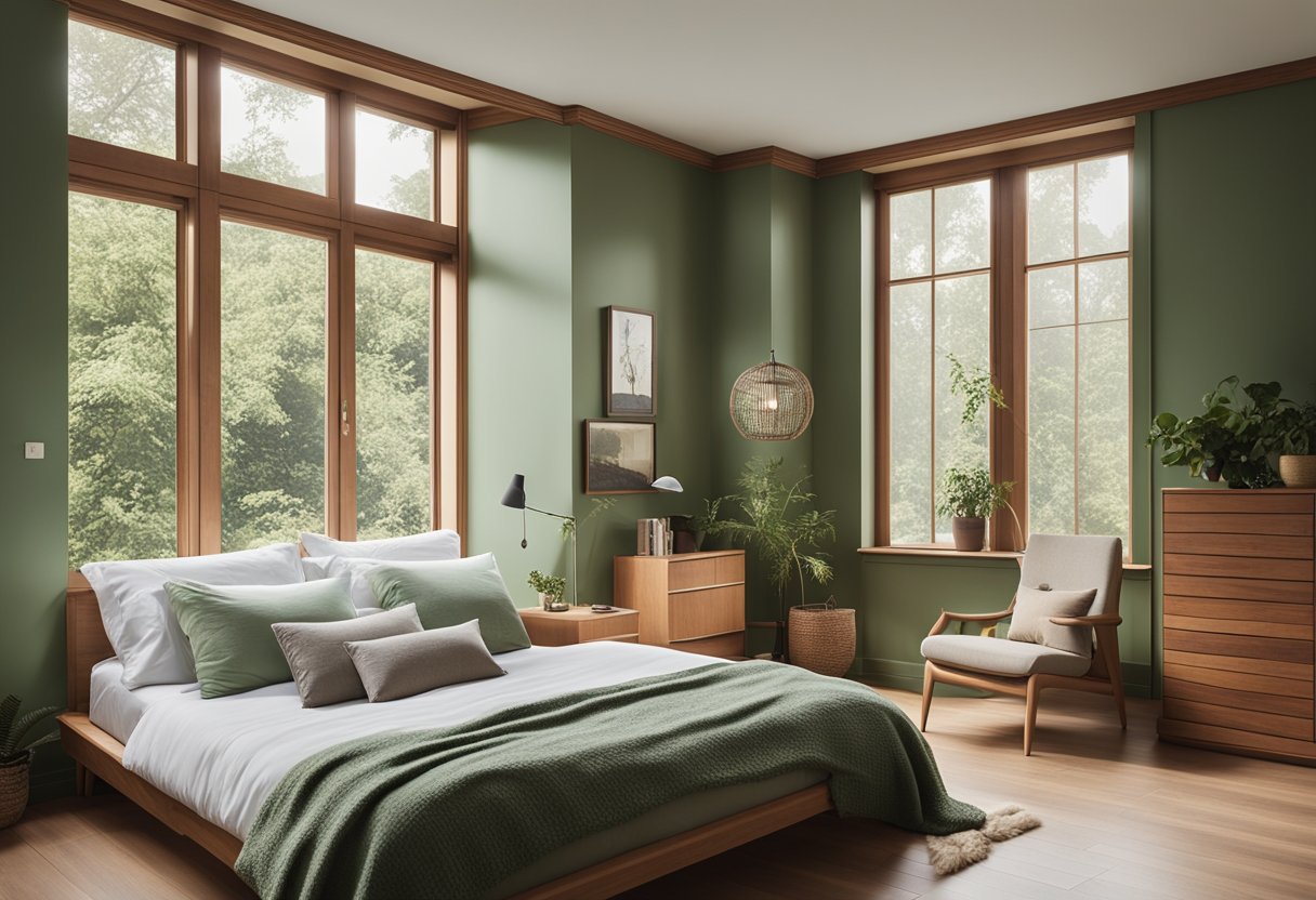 A tranquil bedroom with soft green walls, warm wood furniture, and cozy textiles. A large window lets in natural light, illuminating the calming color palette