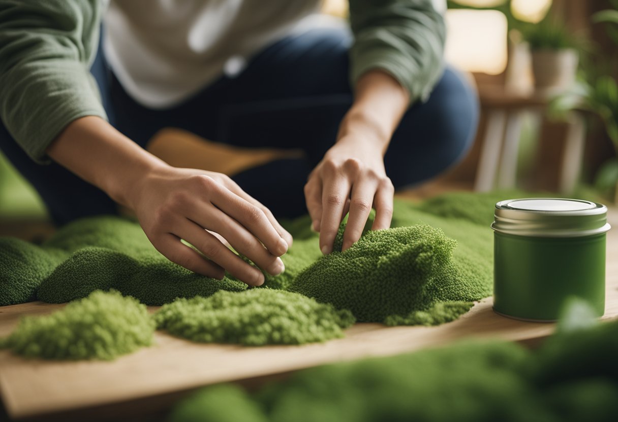 A person choosing eco-friendly materials for a cozy green bedroom retreat. Natural fibers, recycled wood, and low-VOC paint are being considered