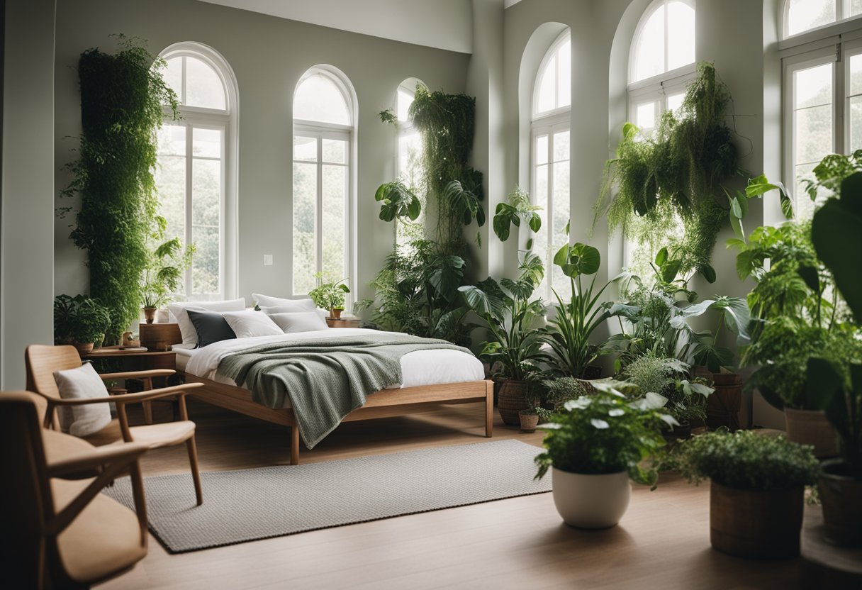 A bedroom with large windows, filled with lush green plants. A cozy bed with soft blankets and natural wood furniture. A serene and calming atmosphere