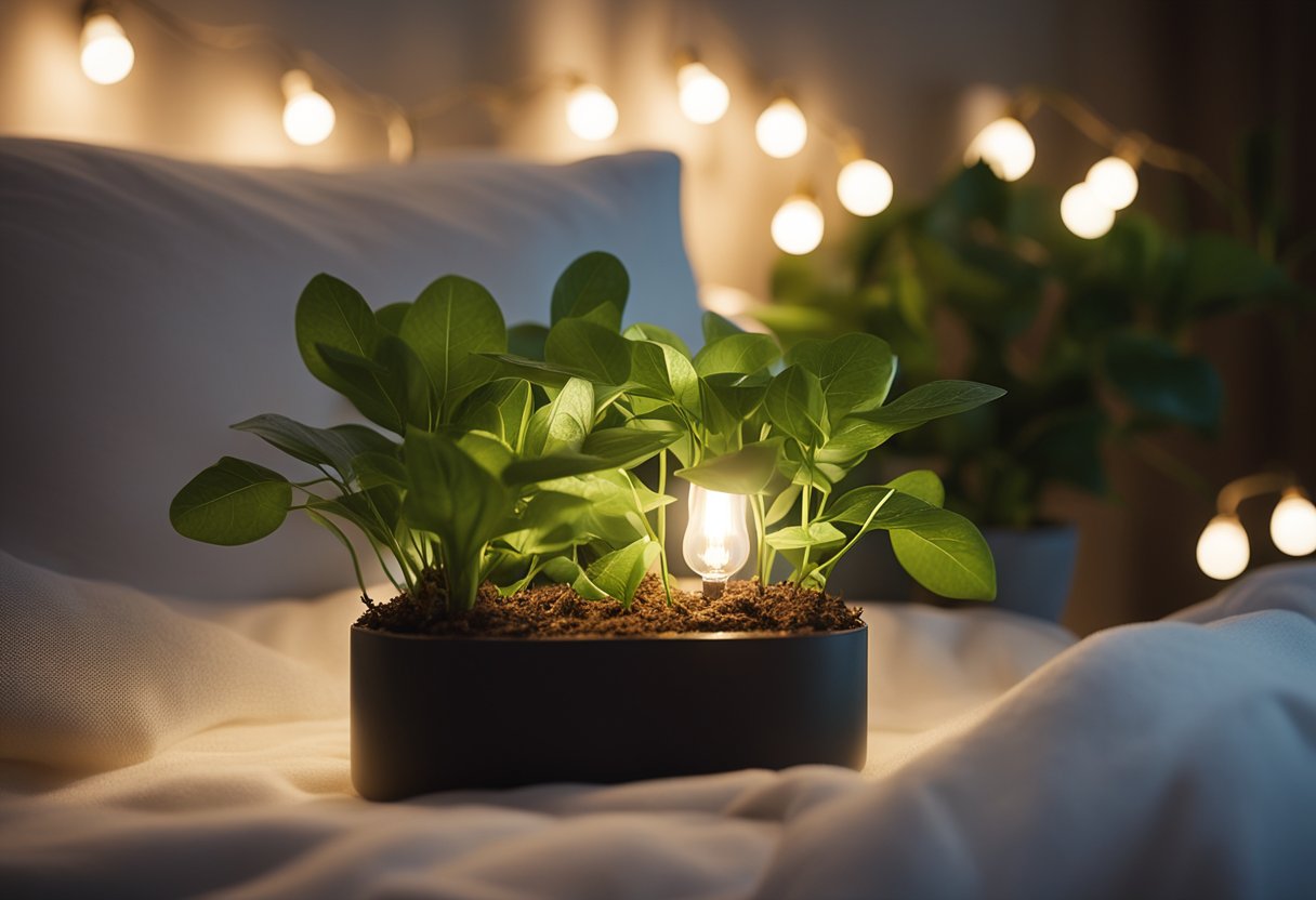 Soft, warm light spills from energy-efficient lamps onto a cozy bed. Green plants and sustainable decor create a peaceful, eco-friendly retreat