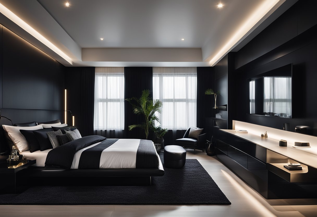 A sleek, black bedroom with modern furniture, metallic accents, and minimalistic decor. A large, plush bed with black bedding takes center stage, surrounded by sleek black walls and floor-to-ceiling windows