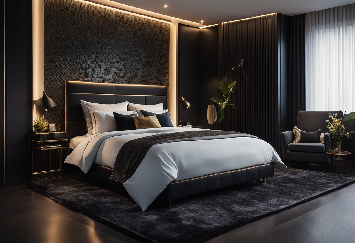 A sleek black bedroom with ambient lighting, featuring luxurious accessories for a sophisticated and elegant retreat
