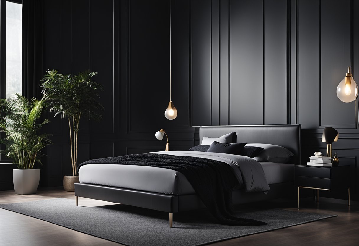 A sleek black bed with matching nightstands and a chic dresser in a modern black bedroom with minimalistic decor and soft lighting