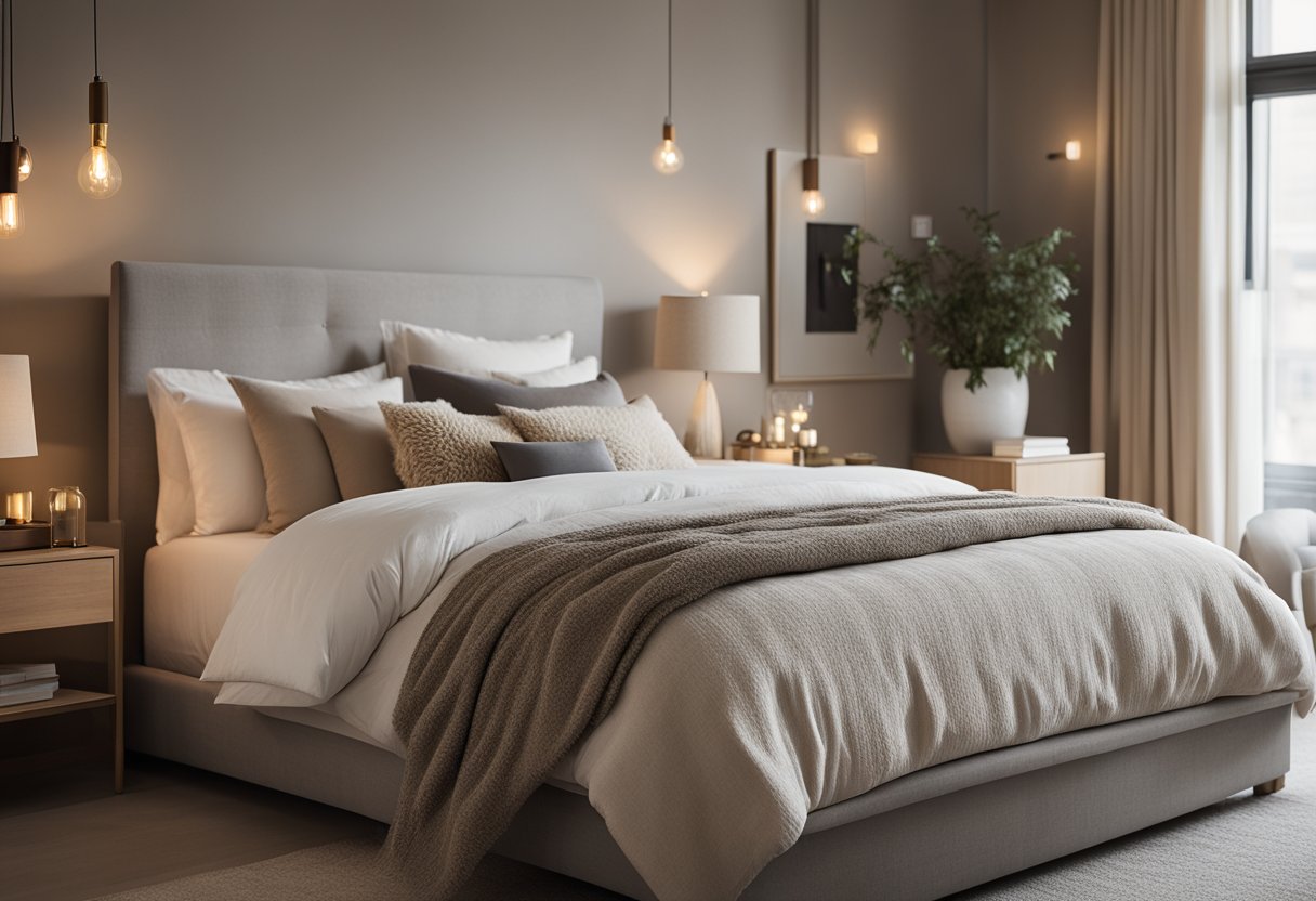 A cozy bedroom with neutral tones, soft textures, and warm lighting. A palette of creams, grays, and earthy tones creates a serene and restful atmosphere
