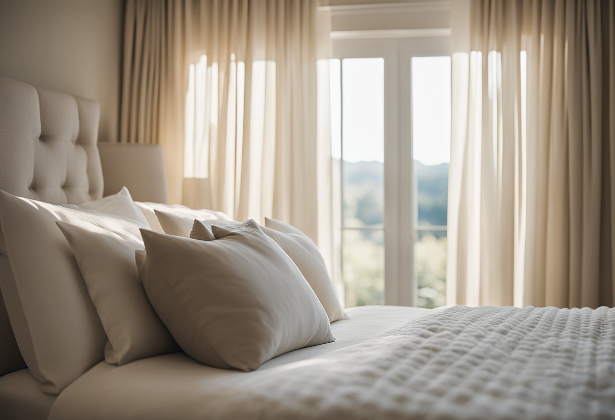 Soft, warm light filters through sheer curtains, casting a gentle glow on neutral-toned bedding and furnishings. The serene ambiance invites relaxation and rest in this neutral bedroom retreat