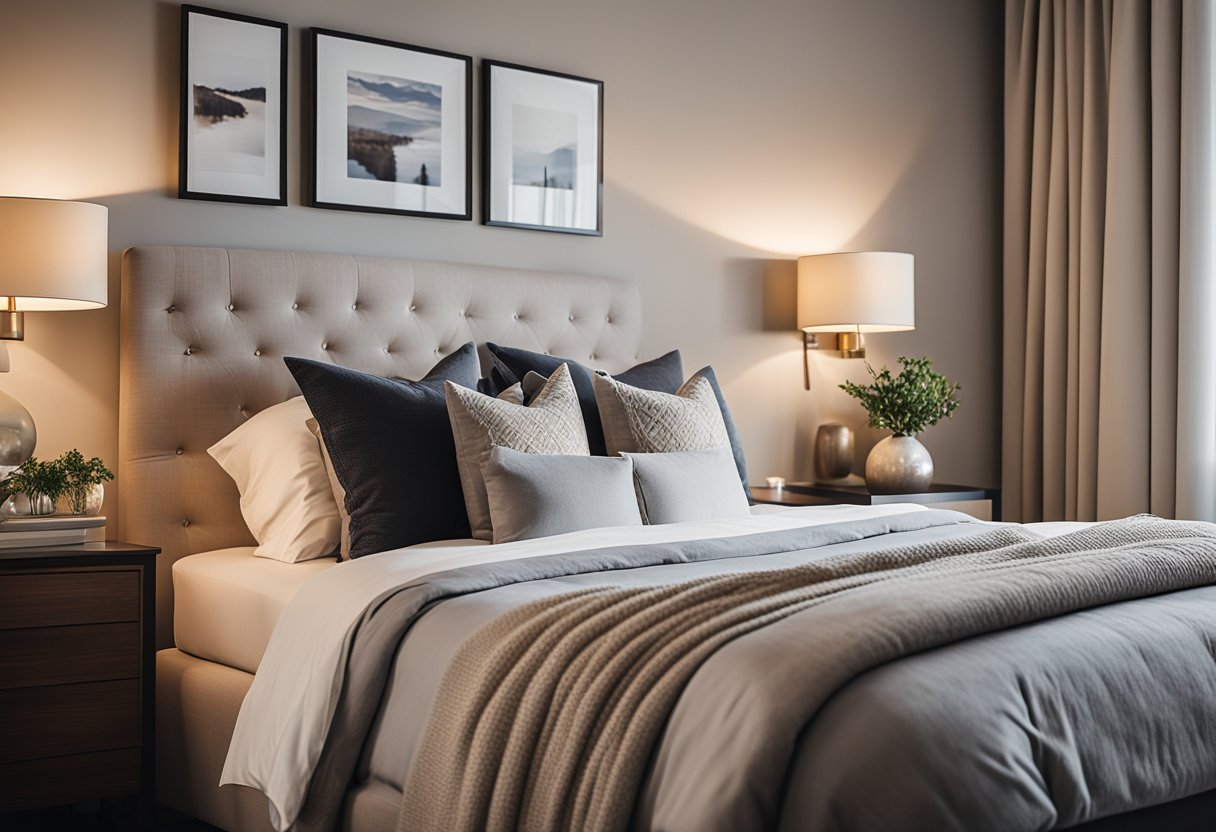 A cozy bedroom with neutral tones, adorned with artwork and decorative accents. A serene and restful atmosphere with soft lighting and comfortable furnishings