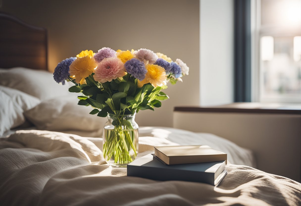 A bed with colorful linens, pillows, and throws. A vase of fresh flowers on the nightstand. Sunlight streaming through the window, casting a warm glow on the room