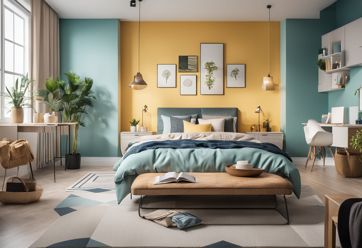 A bedroom with colorful wall art and decor, adding vibrancy and freshness for spring