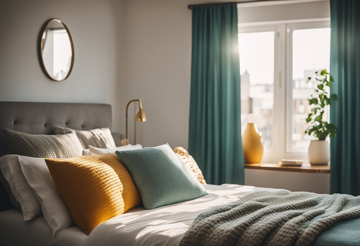 A bright bedroom with colorful curtains, pillows, and a throw blanket. Sunlight streaming through the window, casting a warm glow on the cozy space