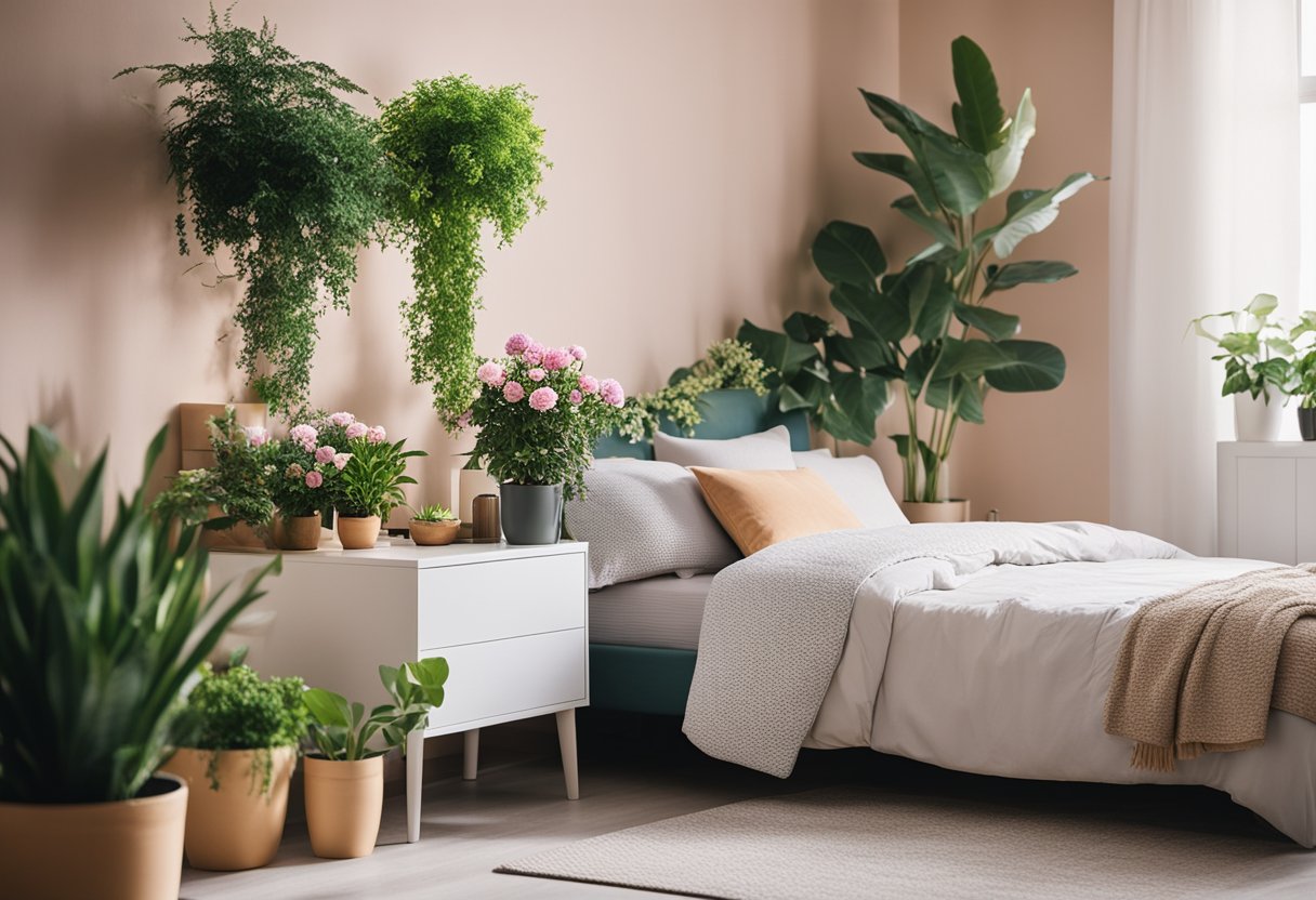A bedroom with potted plants and colorful flowers, adding a vibrant touch to the space for a spring refresh
