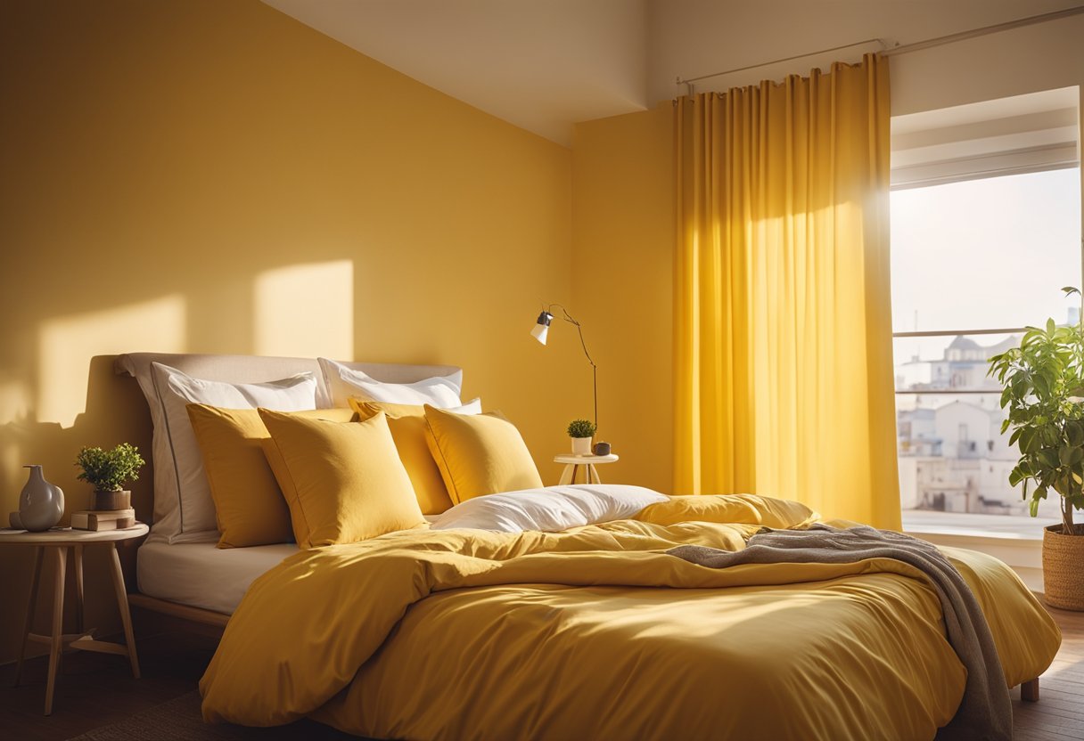 A cozy bedroom with sunny yellow walls, a soft yellow duvet, and matching curtains. Sunlight streams in, casting a warm glow over the room