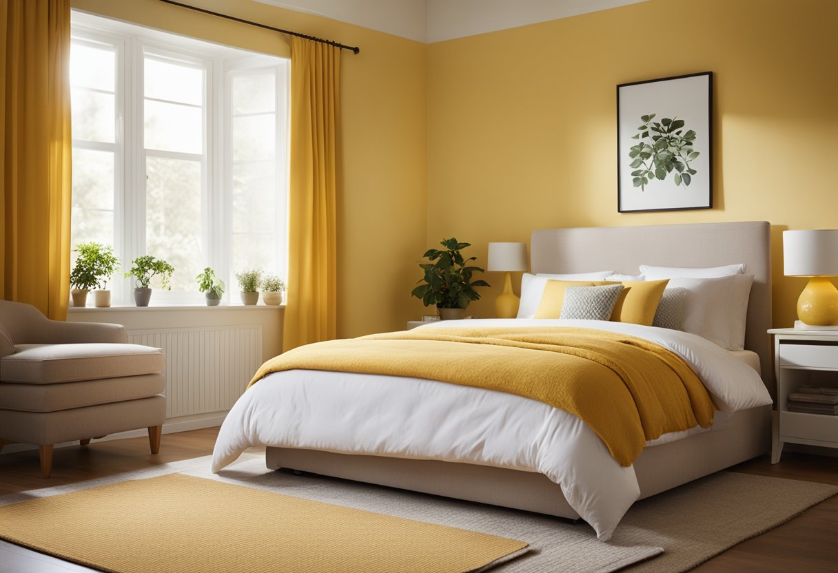 A cozy yellow bedroom with a bed centered against a sunny wall, complemented by a matching dresser and nightstand. A soft area rug ties the room together, while a large window lets in natural light