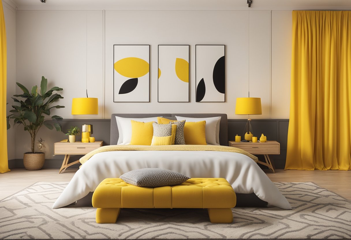 A bright yellow bedroom with accent pieces and accessories, such as throw pillows, curtains, and a cozy rug, all in coordinating shades of yellow