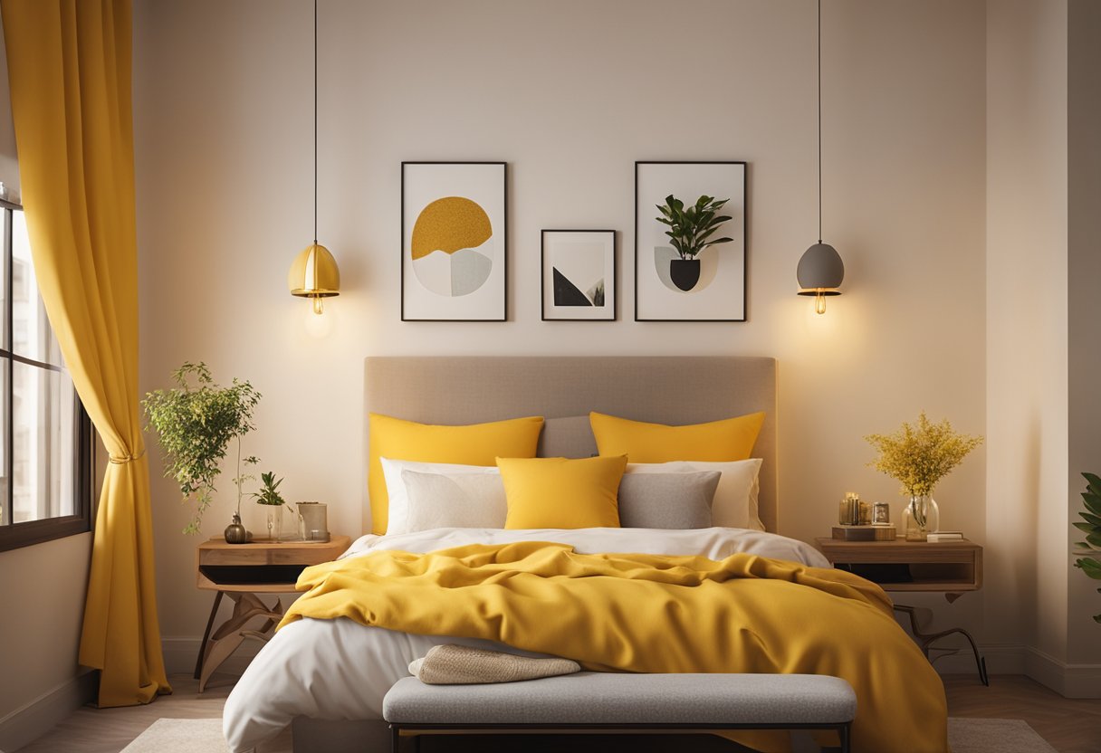 A cozy yellow bedroom with warm lighting and decorative accents
