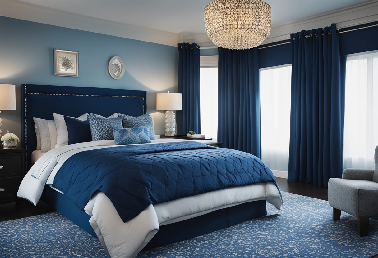 A serene bedroom with varying shades of blue, from light to deep navy, in the form of bedding, curtains, and accent decor