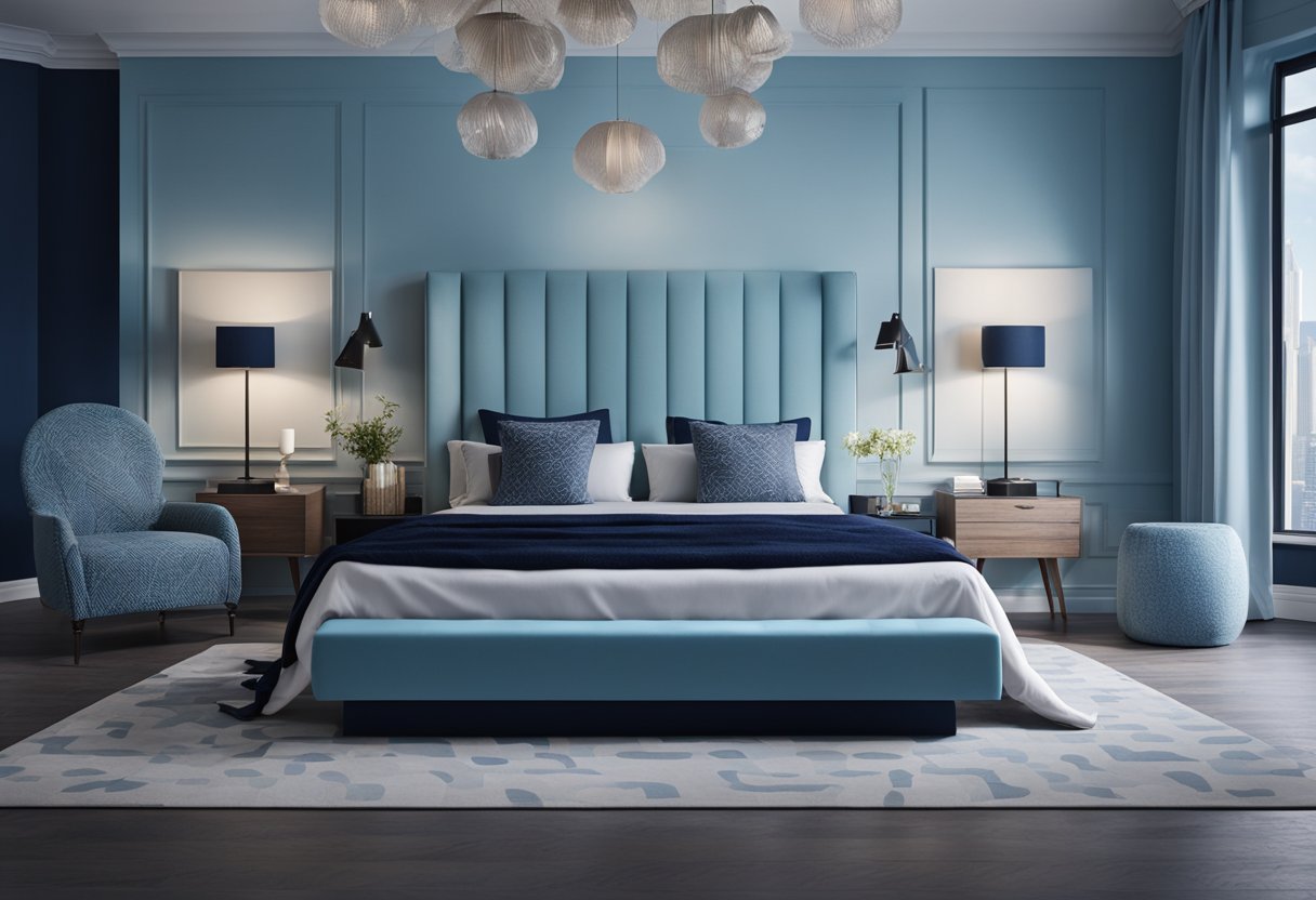 A bedroom with light blue walls transitioning to deep navy, with varying shades of blue decor and furniture