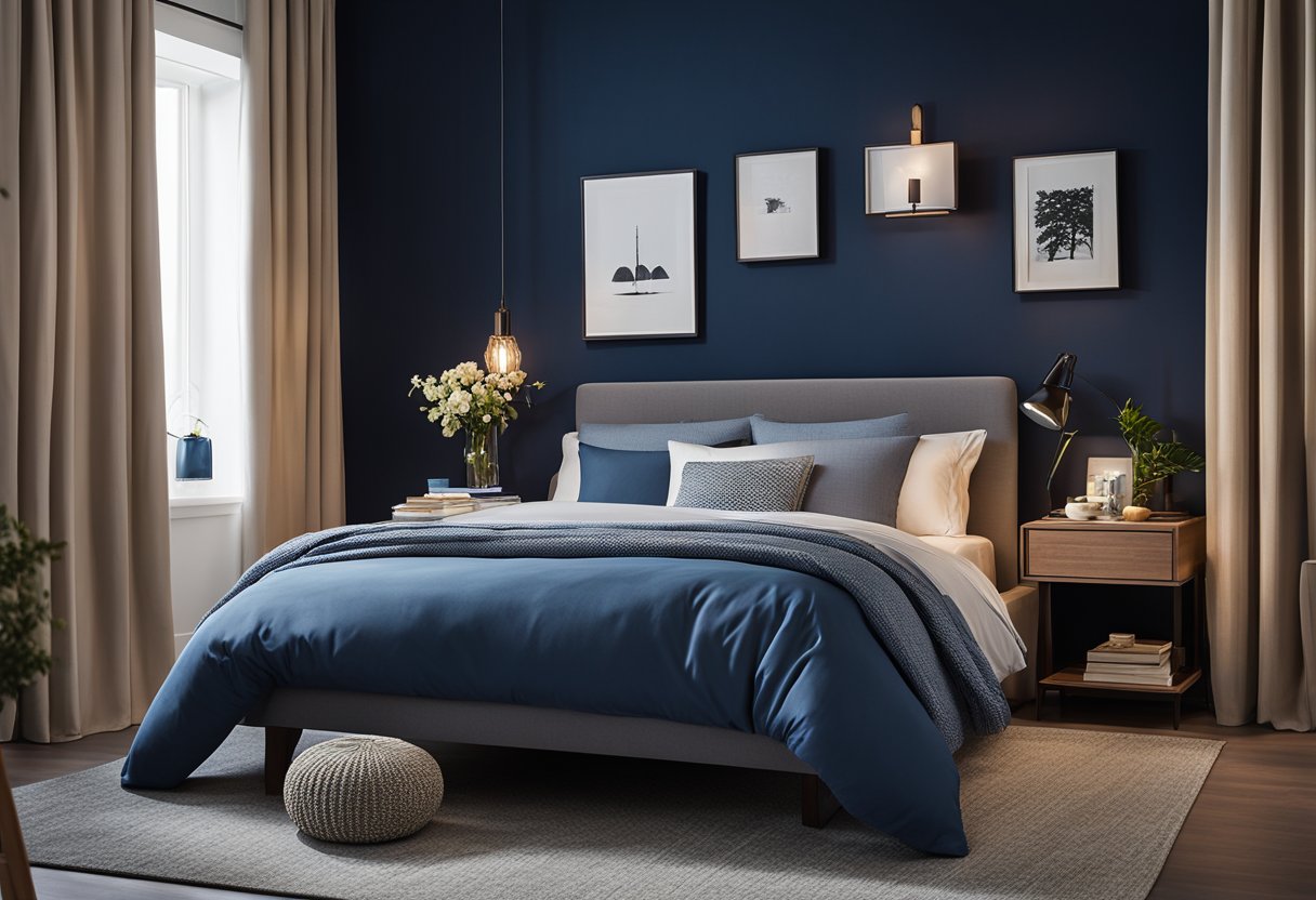 A cozy bedroom with deep navy walls, accented by light blue bedding and curtains. A warm glow from a bedside lamp adds to the inviting atmosphere