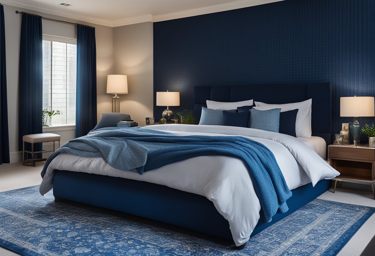 A bedroom with varying shades of blue, from light to deep navy, in decor, bedding, and walls, creating a serene and cohesive atmosphere