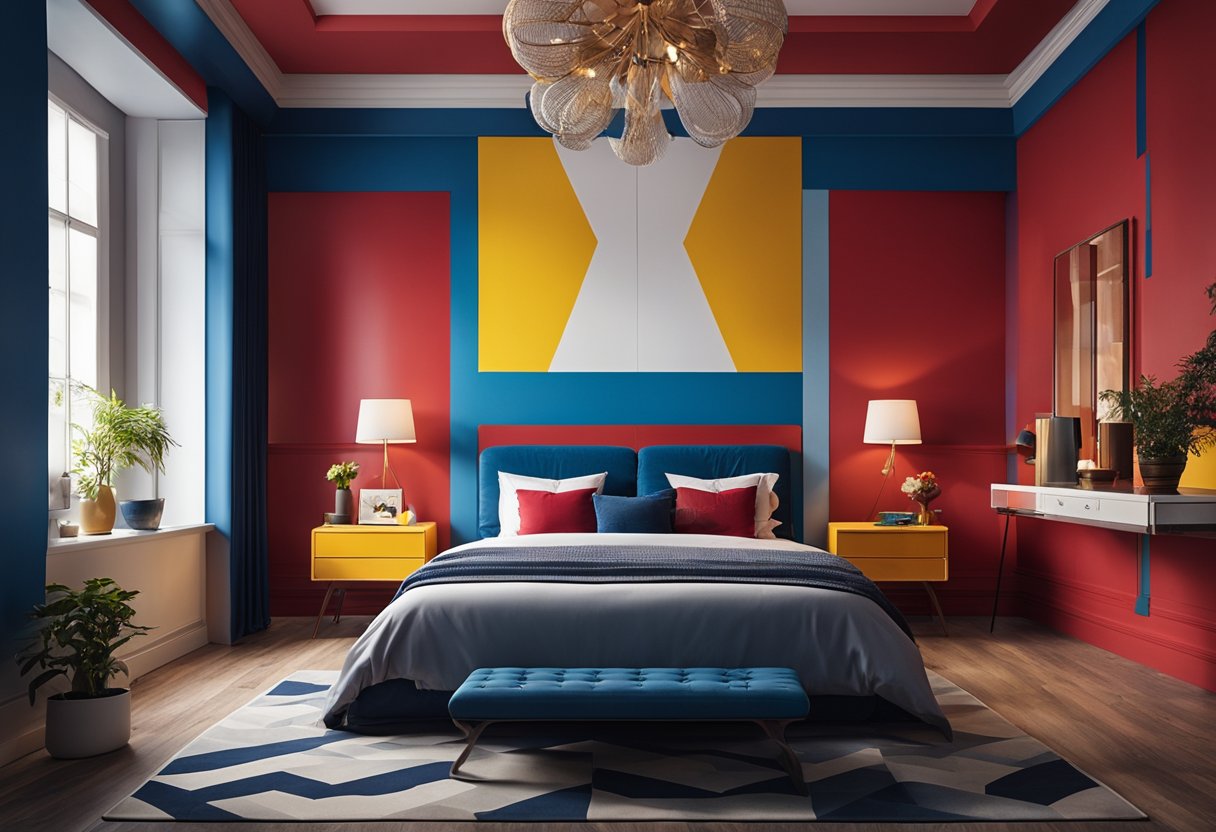 A bedroom with bold, vibrant paint colors evoking different moods. Blue for calmness, red for passion, and yellow for happiness