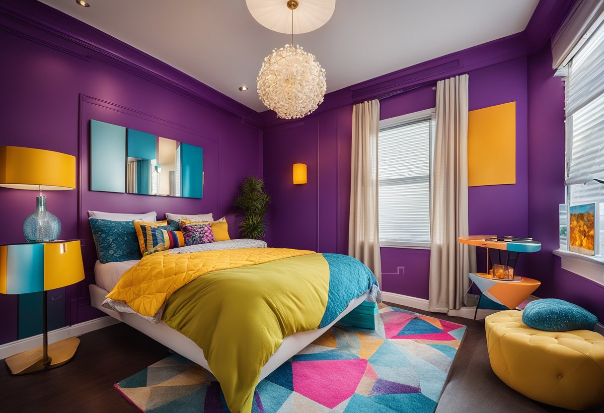 A bedroom with bold color schemes, featuring vibrant paint colors and unique design elements