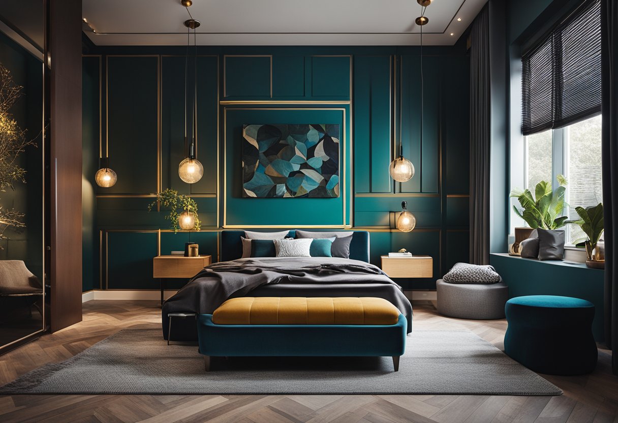 A bedroom with bold, contrasting colors and textured paint techniques, creating a unique and standout space