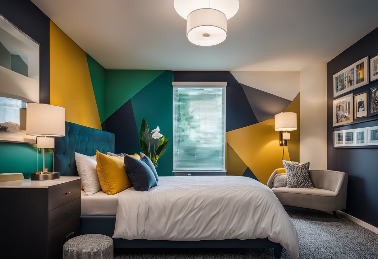 A bedroom with bold, cohesive paint colors. Unique, standout design features. No humans or body parts included