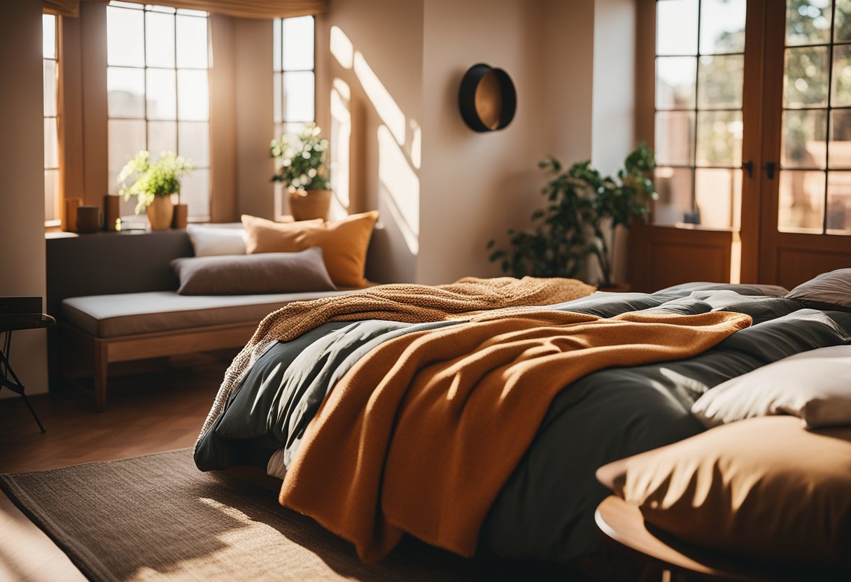 A cozy bedroom with warm, vibrant colors. Sunlight streams in through the window, casting a cheerful glow on the walls and bedding. Rich, earthy tones create a sense of comfort and relaxation