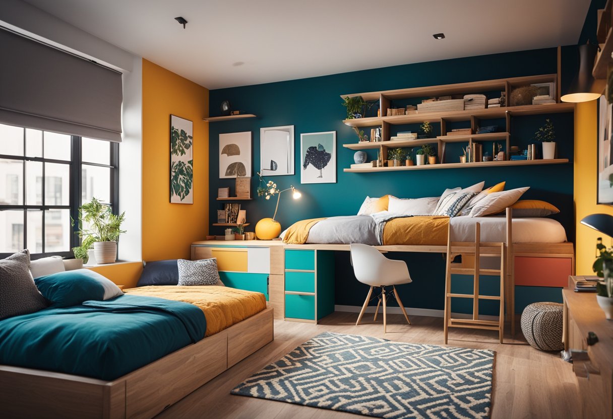A cozy bedroom with a loft bed, a vibrant accent wall, and clever storage solutions. Bright colors and bold patterns create a lively and energetic atmosphere