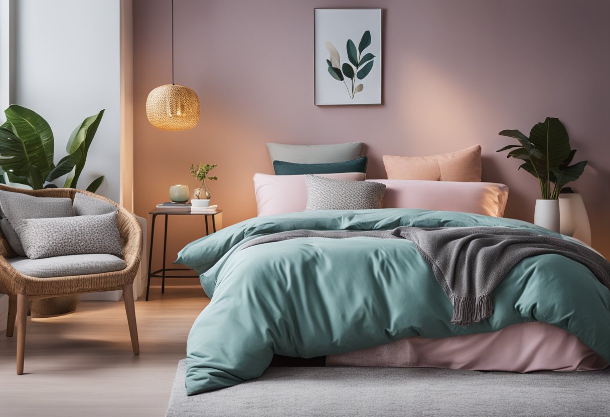 A cozy bedroom with vibrant, functional color schemes. A mix of bold and pastel hues in bedding, decor, and furniture creates a lively yet harmonious atmosphere