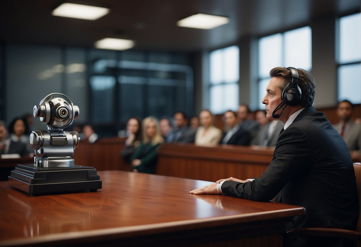 A courtroom with AI technology on one side and a group of people spreading conspiracy theories on the other, symbolizing the clash between technology and misinformation