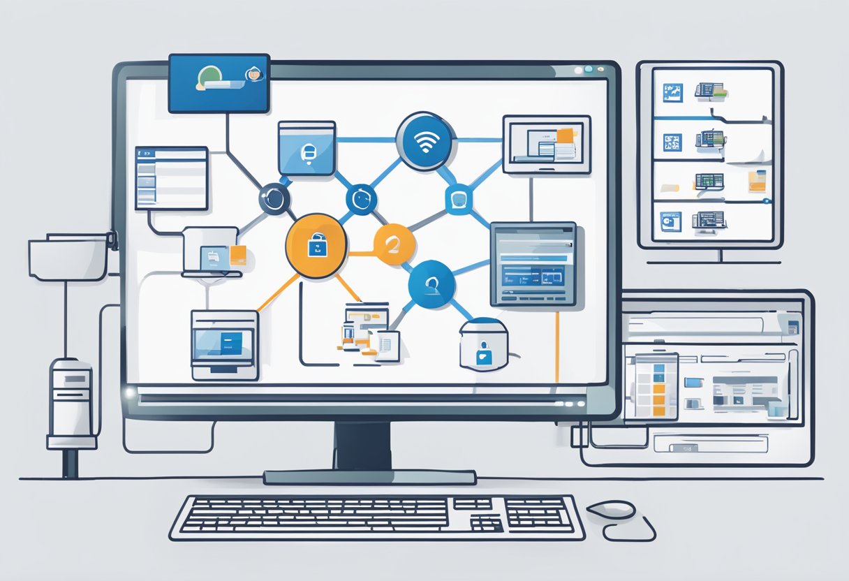 A computer screen displays the process of setting up network drives for enhanced collaboration, with icons representing SharePoint Online and a network drive